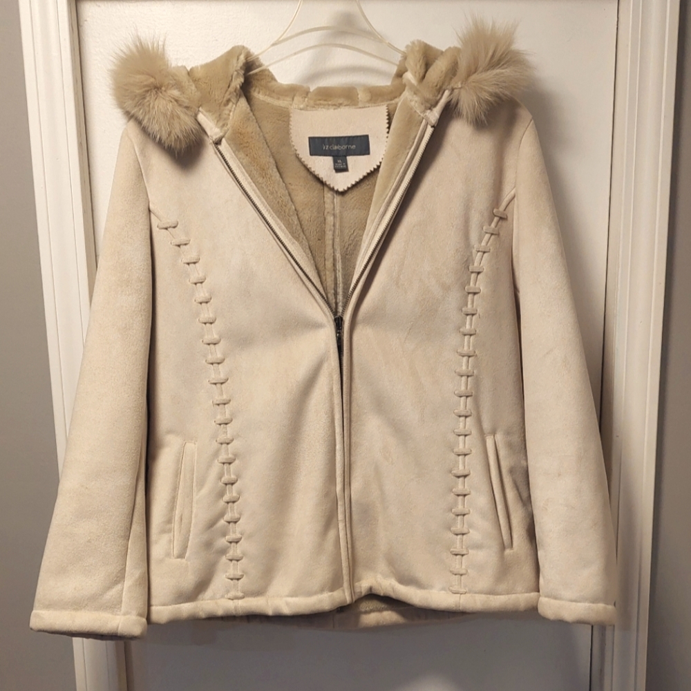 LIZ CLAIBORNE Faux Suede & Fur Hooded Jacket